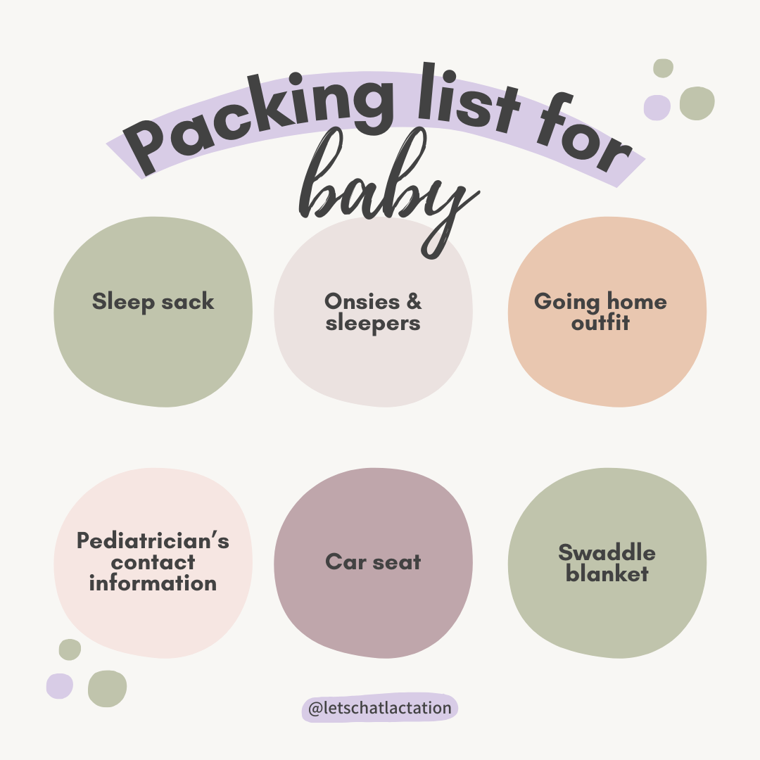 Six colored circles in two rows that list items to pack for baby.