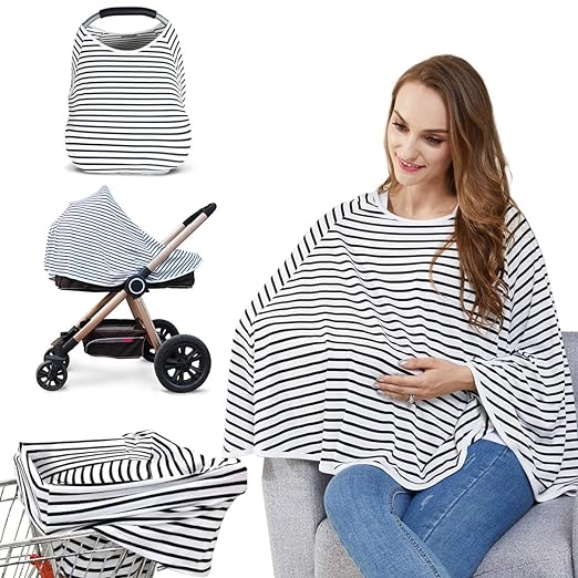 Woman breastfeeding sitting with a nursing cover. Picture of a car seat, stroller with cover