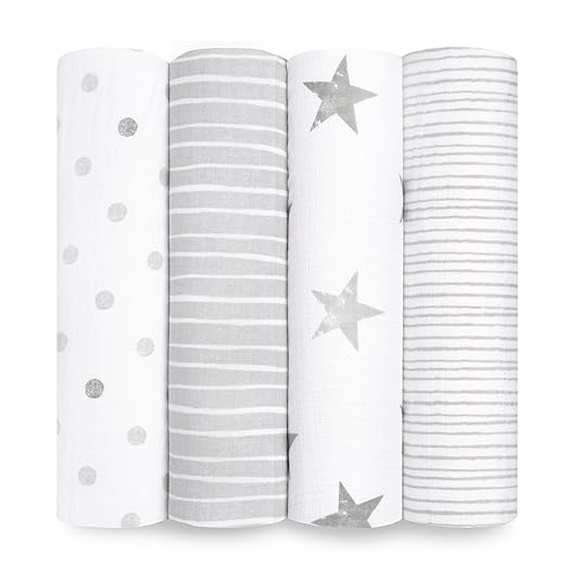 Four grey and white swaddle blankets rolled up